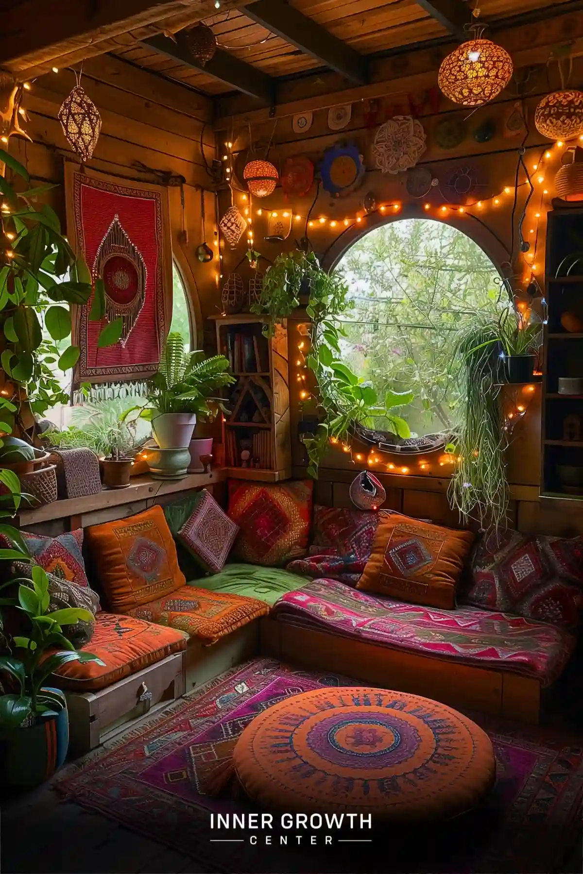 A cozy wooden alcove filled with colorful textiles, plants, and warm lighting, creating a serene meditation atmosphere.