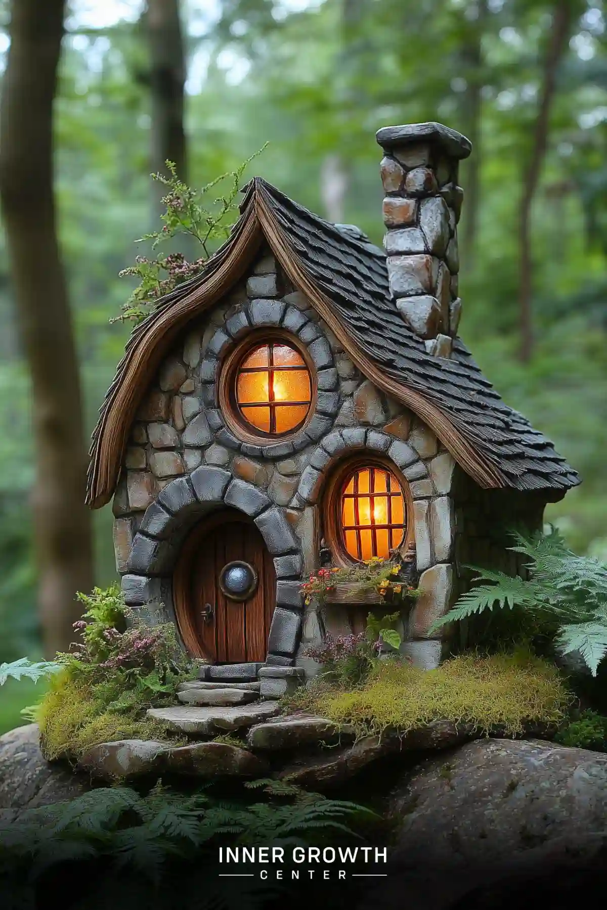 A miniature stone cottage with round windows glowing warmly, featuring a curved wooden door and nestled among ferns in a forest setting.