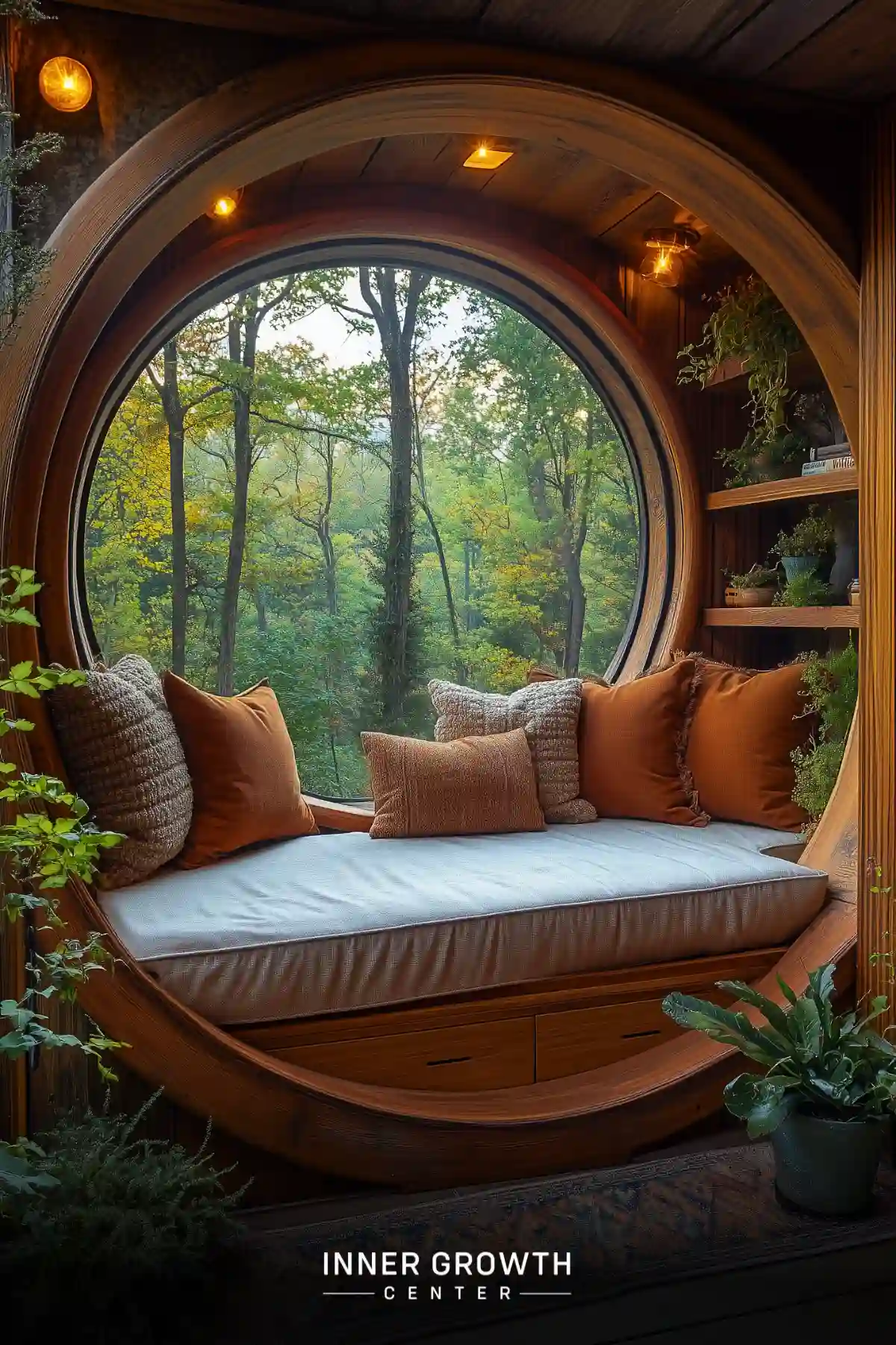 A curved wooden alcove features a large circular window overlooking autumn trees, with a grey cushioned bench, earth-toned pillows, and built-in storage drawers.