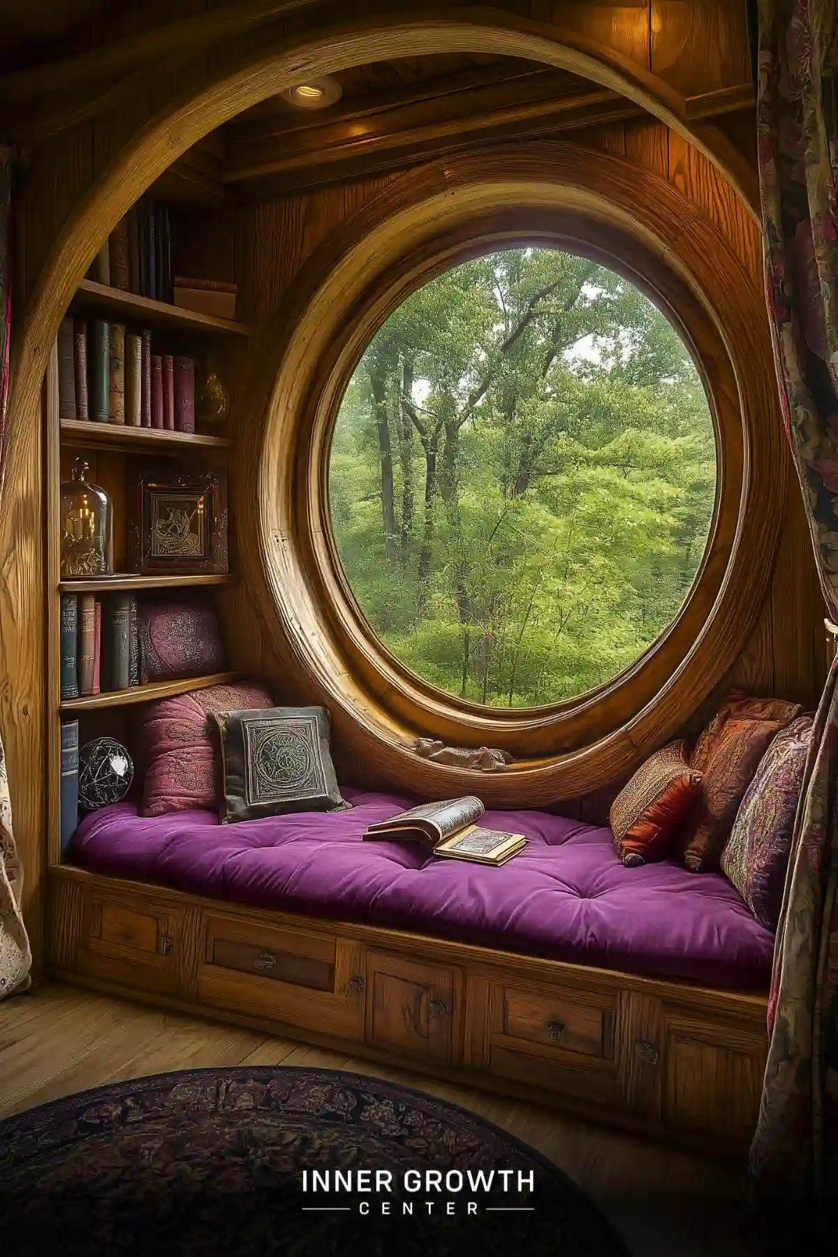 Cozy reading nook with circular window overlooking lush forest, featuring built-in bookshelves and purple cushions.