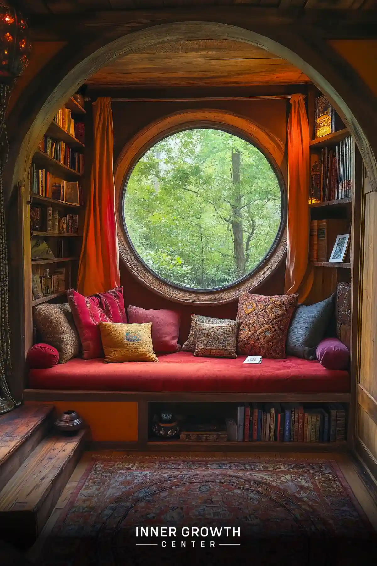 Cozy reading alcove with circular window overlooking lush green forest