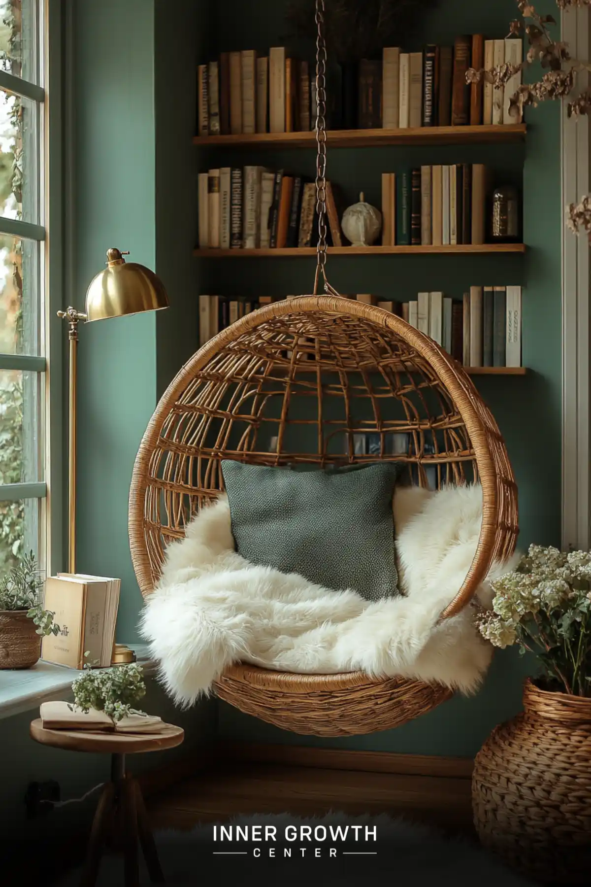 A hanging rattan egg chair with sheepskin throw and cushions nestled between a window and built-in bookshelves creates an inviting reading nook