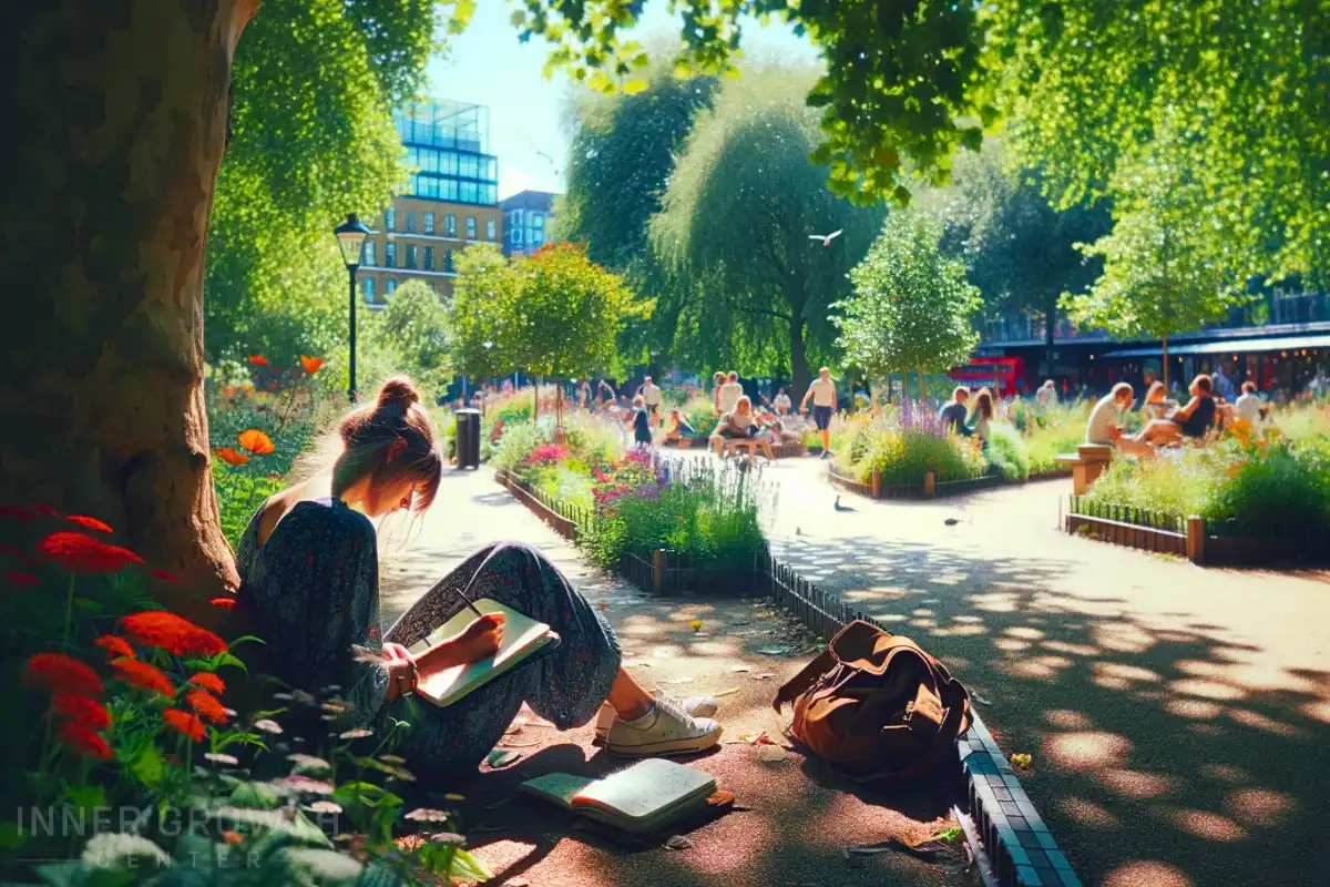 Woman writing under a tree.