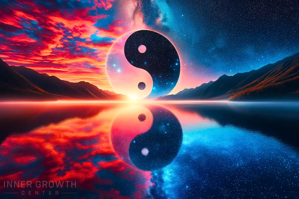 A yin and yang in the background of a day and night evening across a lake with clouds.