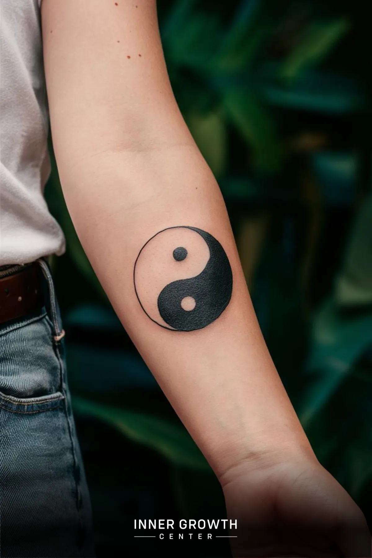 A yin yang tattoo on an arm.