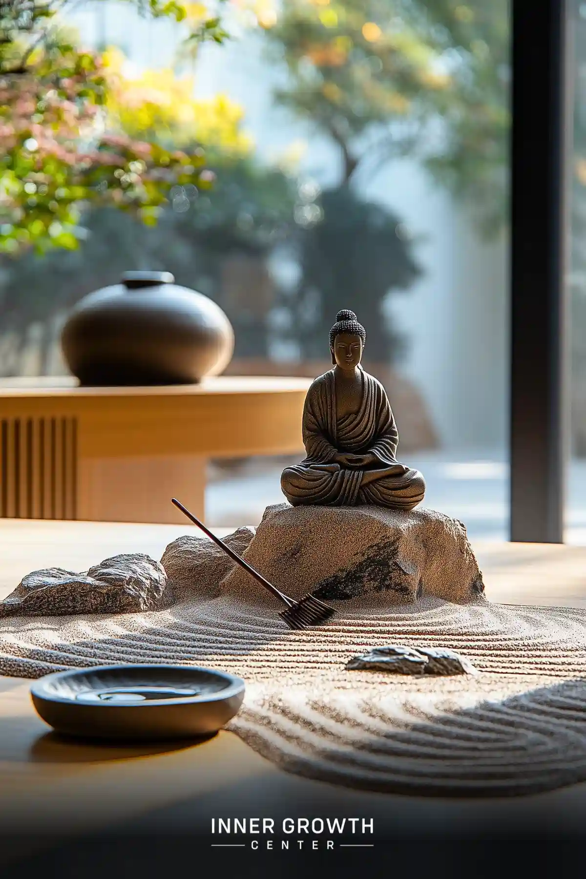 A miniature zen garden with a Buddha statue, sand, and rake for spiritual cleansing rituals.