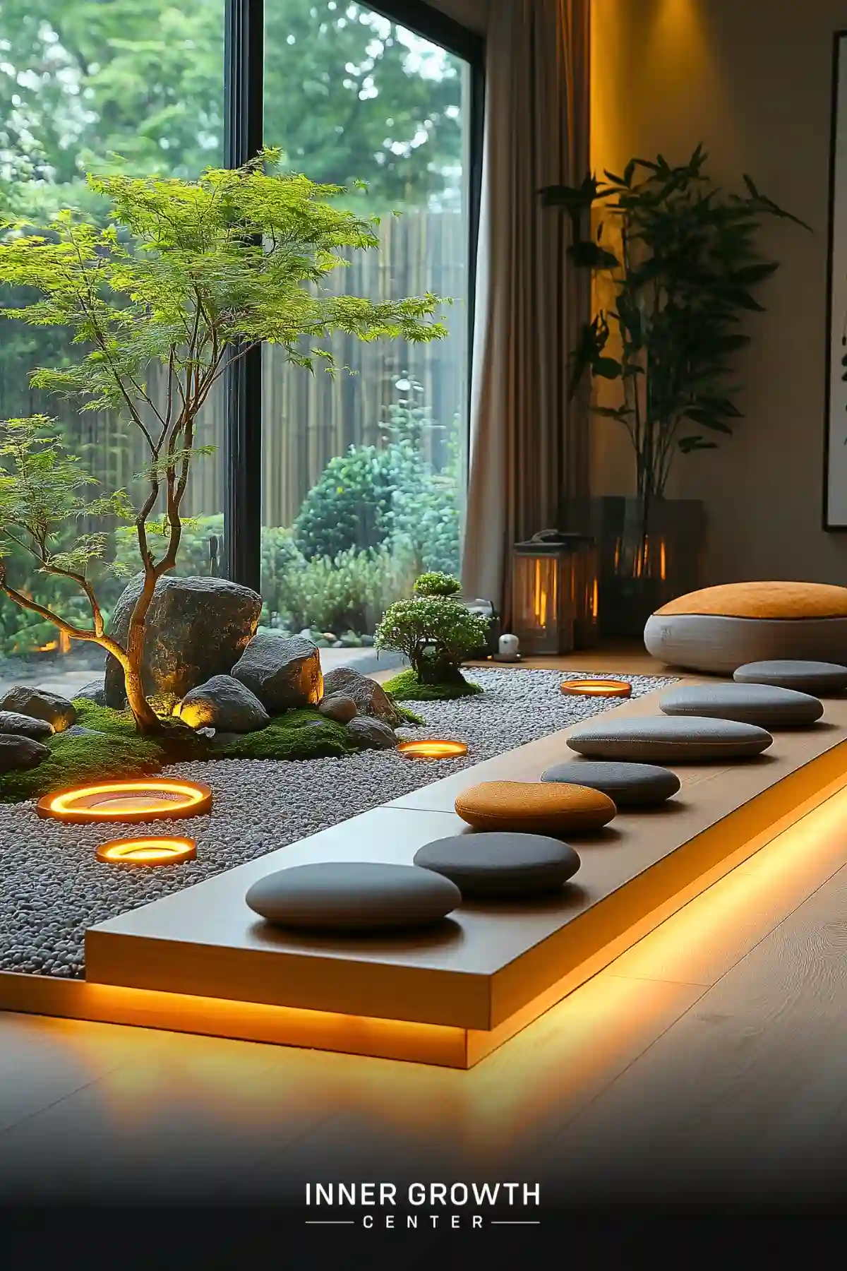 An indoor meditation space with a raised platform, cushions, and a miniature zen garden with illuminated elements.