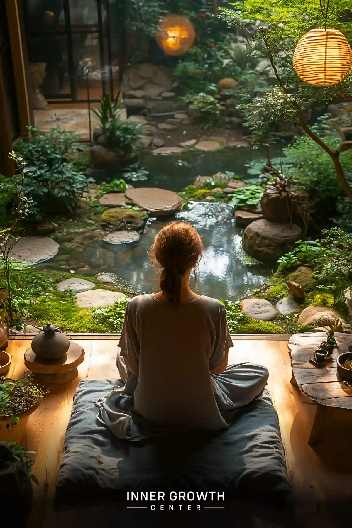 A person meditates facing a serene indoor pond garden with lanterns and lush greenery.