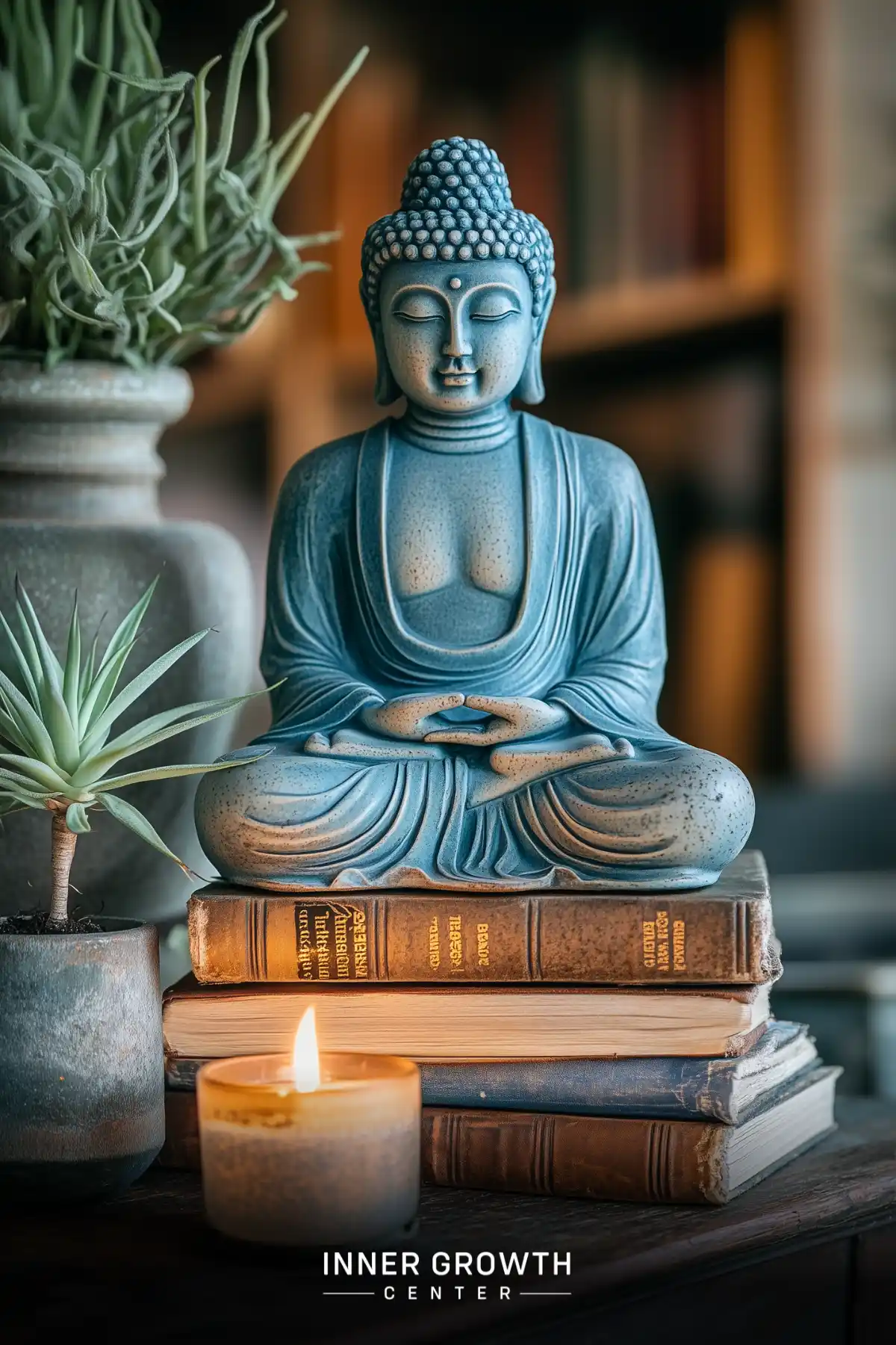 Buddha statue seated on books with a lit candle and potted plants creating a serene meditation space.