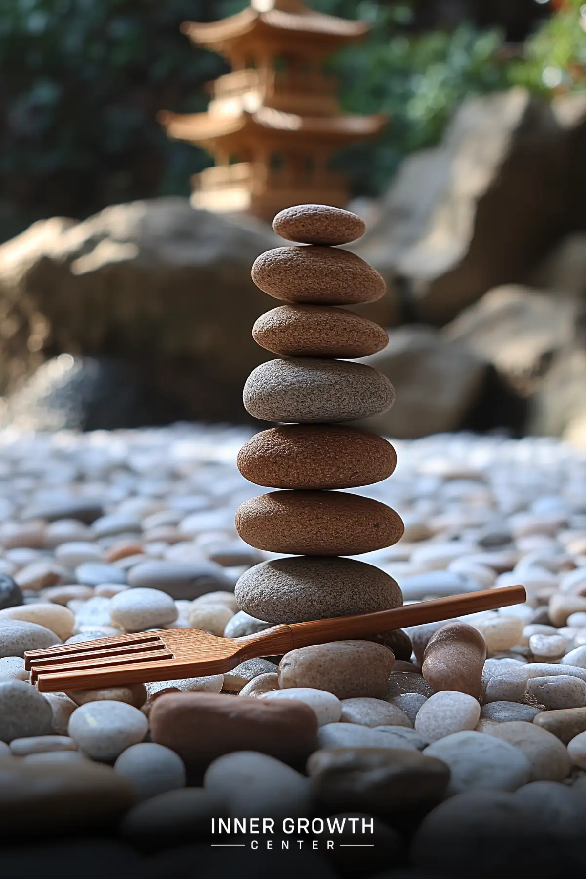 Balanced stack of smooth stones with a wooden meditation chime on pebbles, pagoda in background.